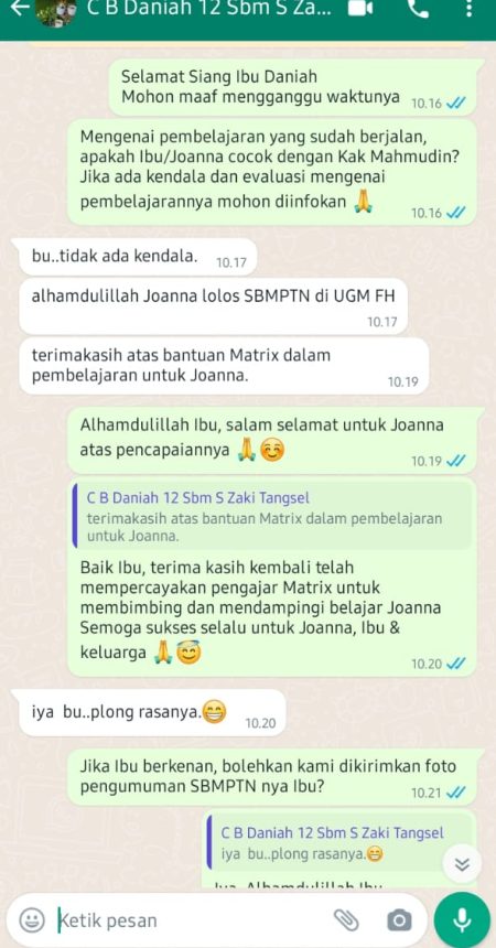 Ibu Daniah, Siswa Putri Joanna, PTN